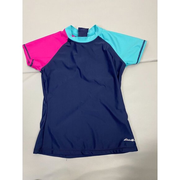 Eddie Bauer Swim Shirt Girls Kids Rash Guard Blue Pink  Size Medium 10/12 Zip‎ - Picture 1 of 10